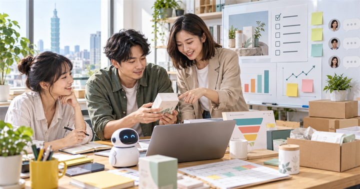 台灣中小企業團隊在明亮辦公室檢查新品樣品、上市看板與 AI 輔助行銷流程