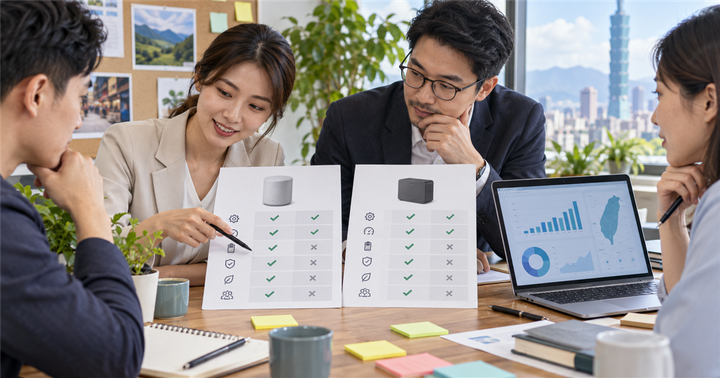 台灣行銷團隊在會議桌上檢查兩份產品比較表與數據儀表板