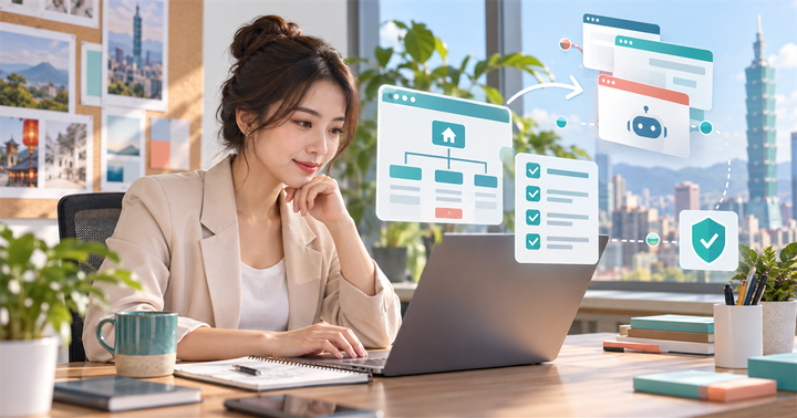 台灣中小企業行銷人員在筆電前檢查 AI 瀏覽器交接與官網可讀性