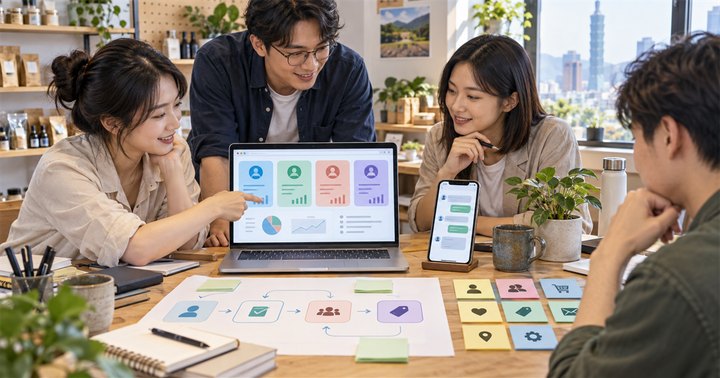 台灣中小企業團隊在明亮辦公室檢視 LINE 客戶分眾、標籤與聊天流程