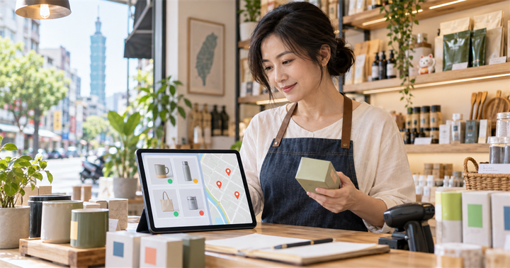 台灣門市店主在櫃台用平板檢查商品庫存與地圖定位卡片