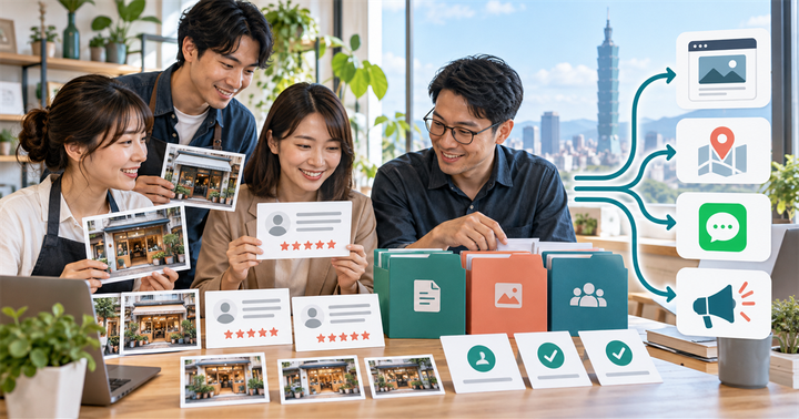 台灣中小企業團隊整理客戶見證照片、評論卡與通路素材流向