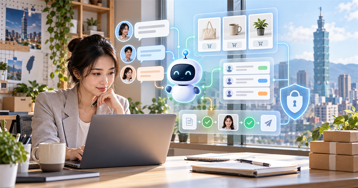 台灣中小企業行銷人員在明亮辦公室檢查 AI 對話廣告代理、商品卡片、CRM 欄位與隱私審核流程