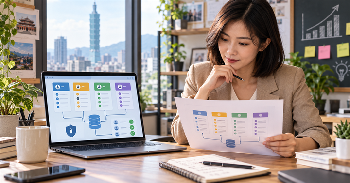 台灣中小企業行銷人員在明亮辦公室檢查 CRM 欄位地圖、資料來源與隱私審核流程