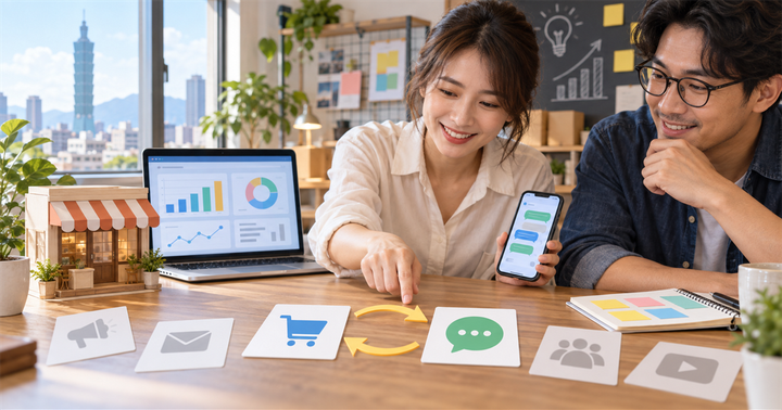 台灣小企業團隊在筆電前用圖表與通路卡片整理行銷通路組合