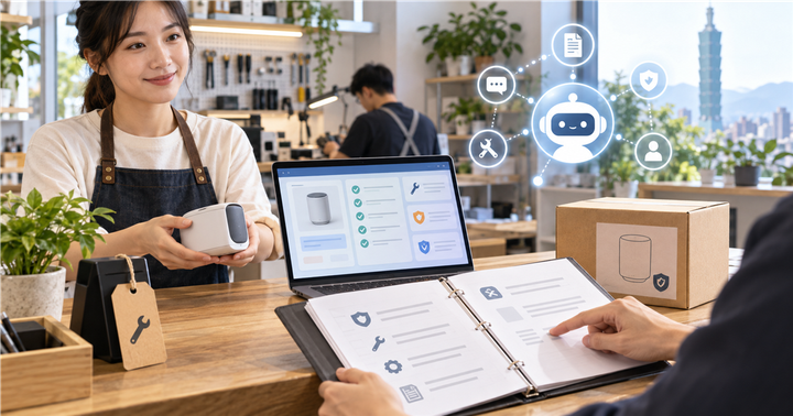 台灣店家櫃台用筆電與維修表單整理保固維修政策並串接 AI 客服