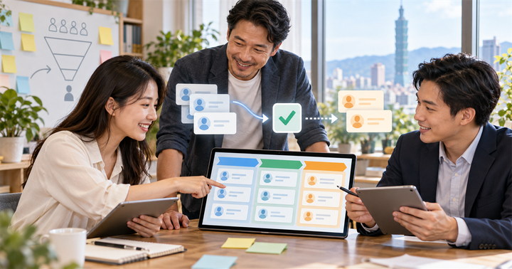 台灣中小企業團隊在明亮辦公室檢查 CRM 名單從行銷交接到業務的流程