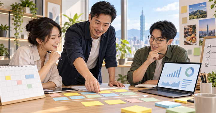 台灣中小企業團隊在明亮辦公室用空白卡片、月曆和分析圖表規劃 90 天 AI 行銷試點