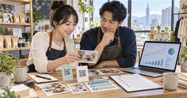 台灣中小企業經營者在桌前檢查異業合作活動卡、QR Code 與成效儀表板