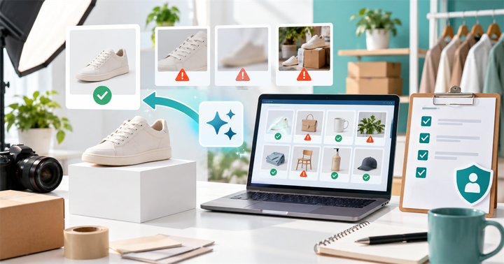 電商商品攝影桌上顯示商品圖審核通過與警示狀態，旁邊有 AI 修圖與政策檢查視覺元素