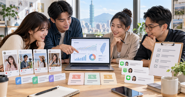 台灣中小企業團隊檢視網紅合作成效儀表板、創作者內容卡、折扣碼與私訊名單