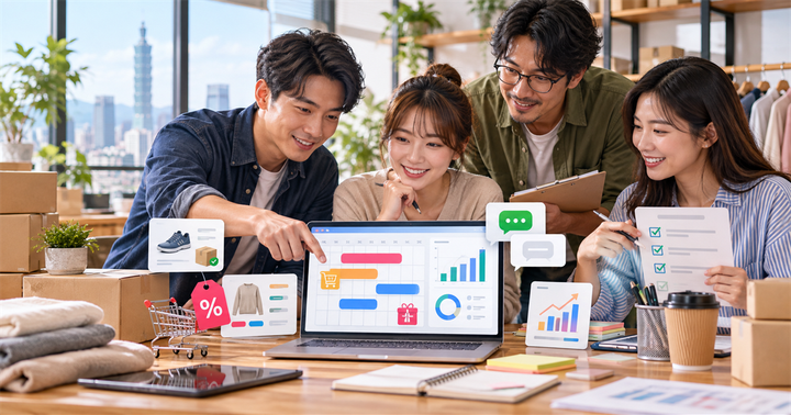 台灣中小企業團隊在辦公桌前檢查雙 11 促銷月曆、庫存卡、訊息與成效圖表