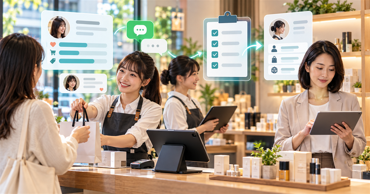 台灣門市團隊在收銀櫃檯前檢查 POS、顧客卡片與 AI 銷售交接流程