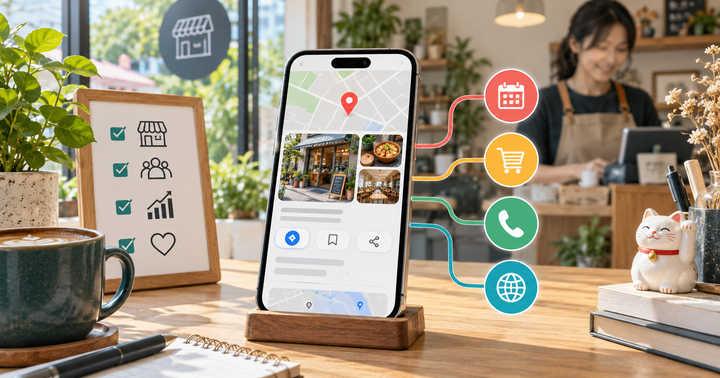 台灣小店工作桌上以手機地圖卡片、照片素材與行動入口規劃 Apple Maps 商家檔案