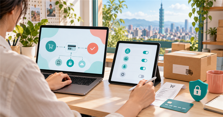 台灣中小企業行銷人員在桌面上檢查 AI 付款流程與權限開關