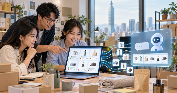 台灣電商團隊在辦公室檢查商品資料卡、庫存狀態與 AI 購物介面