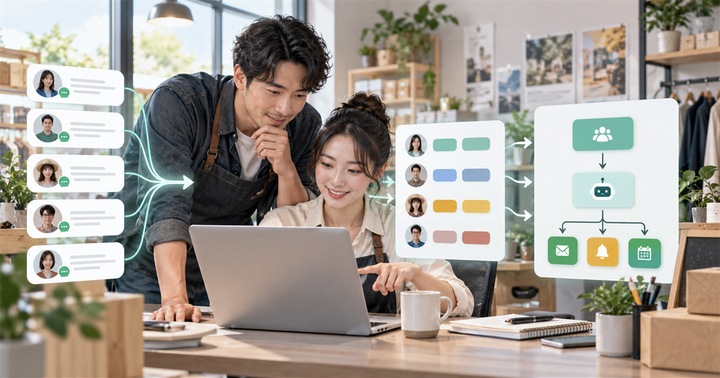 台灣小型店家團隊在筆電前檢視顧客訊息分組與 AI 追蹤流程