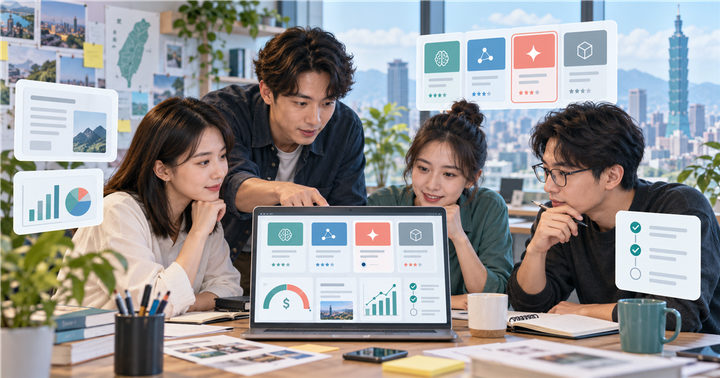 台灣中小企業行銷團隊在筆電前比較 AI 模型成本、內容草稿與審核流程