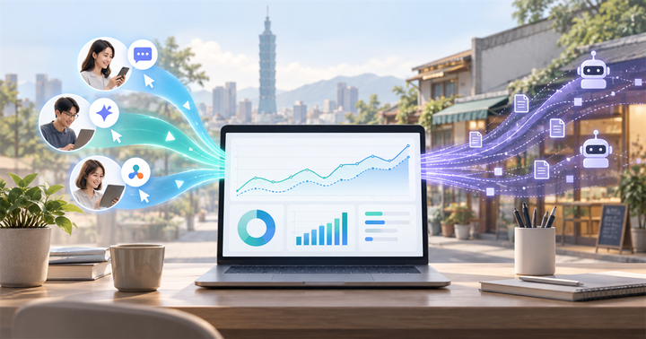 台灣街景前的分析儀表板把真人 AI 轉介點擊與 AI 爬蟲資料分成兩條流向