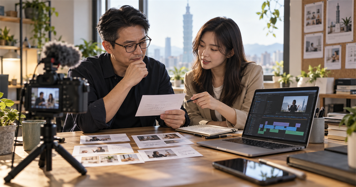 台灣中小企業老闆與行銷同仁在攝影機旁檢查短影音腳本與剪輯畫面