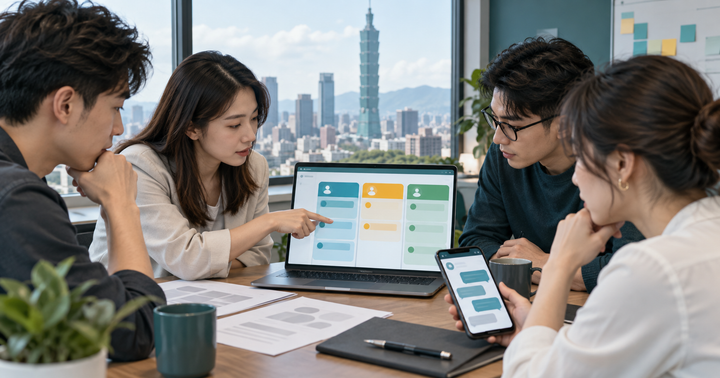 台灣小型團隊在會議桌前檢視抽象 CRM 名單卡片與詢問表單