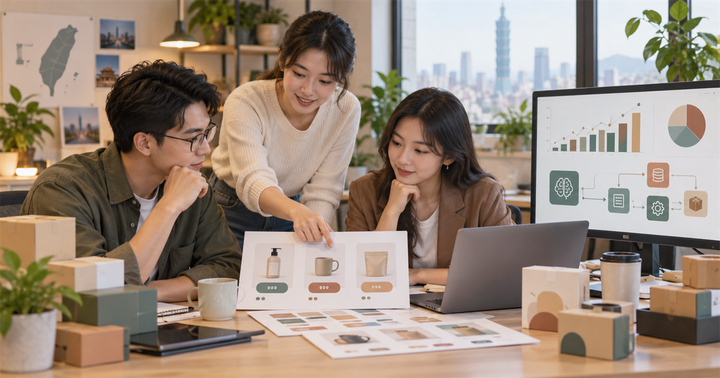 台灣電商團隊在桌面上檢視商品組合卡、庫存方塊、毛利圖表與 AI 流程節點