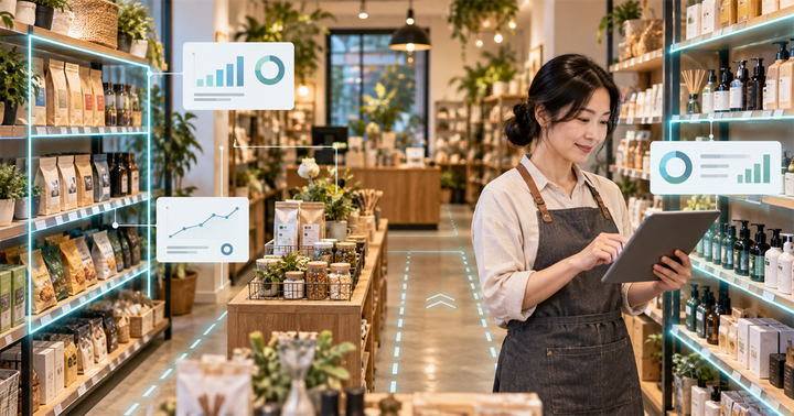 店主在商品貨架與門市動線旁用平板檢查 AI 陳列分析儀表板