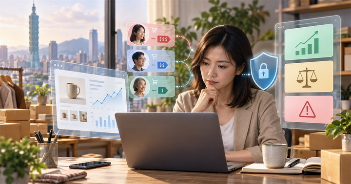 台灣中小企業主在筆電前檢查 AI 價格分眾、個資盾牌與風險提示卡片
