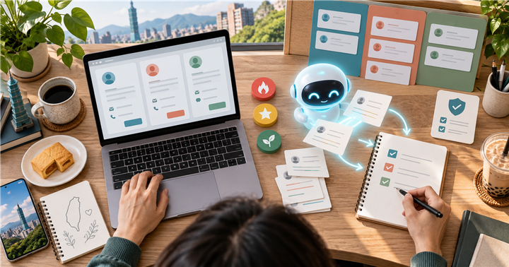 台灣小型企業工作桌上以 AI 整理詢問表單、線索卡片與同意檢查清單
