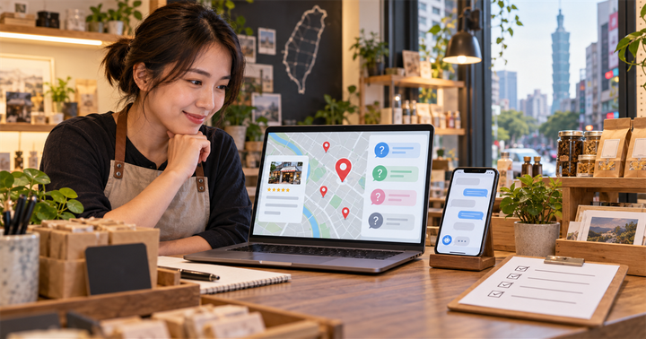 台北店家櫃台上有筆電地圖圖示與問答泡泡，象徵 Google 商家 AI 問答準備流程