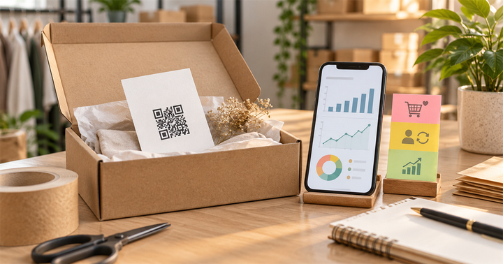 電商包裹旁放著 QR 小卡、手機分析圖表與回購訊號便利貼