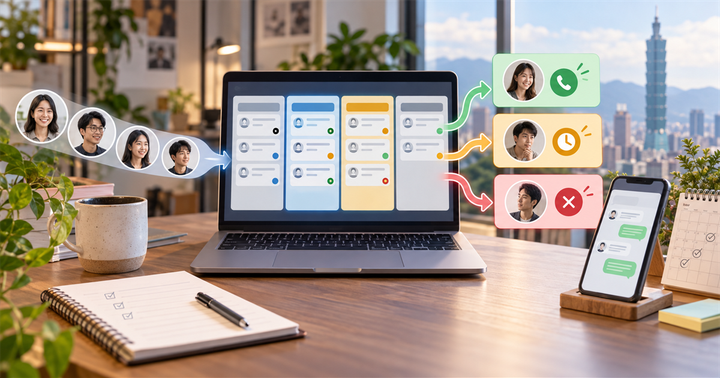 台灣中小企業在筆電上檢視 AI 試用名單分級與回訪流程