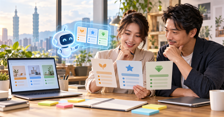 台灣中小企業經營者在辦公桌前用 AI 輔助比較三張服務方案命名卡片