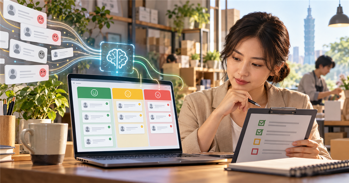 台灣小型企業工作桌上，AI 儀表板把客訴卡片分成紅黃綠升級處理區