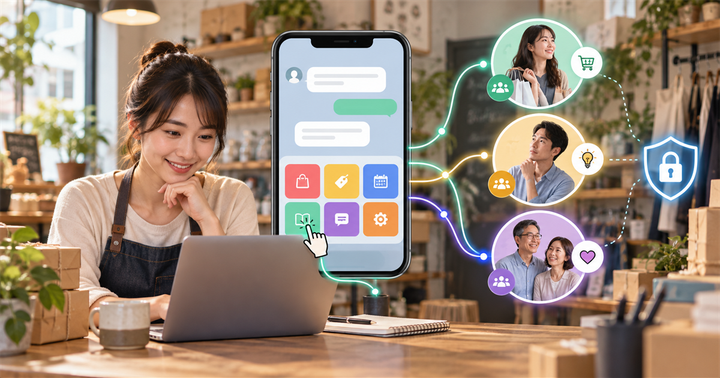 台灣小型商家在筆電前查看 LINE 圖文選單點擊訊號，AI 將點擊分成不同顧客意圖群組