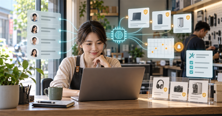 台灣小型服務店的櫃台人員在筆電前檢視 AI 整理的保固卡片、維修檢查與提醒時程