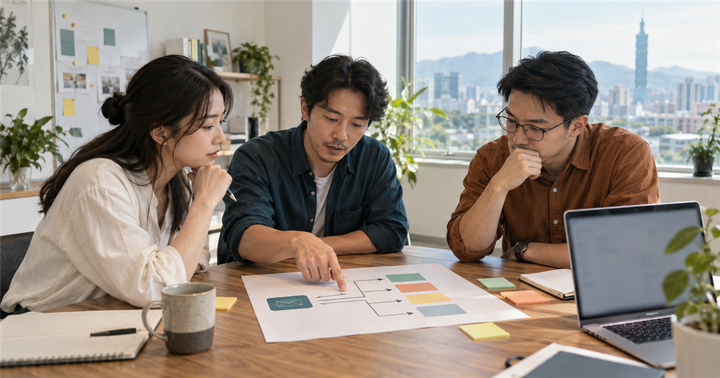 三位小型企業團隊成員在會議桌前檢視商機失敗原因與後續行動卡片