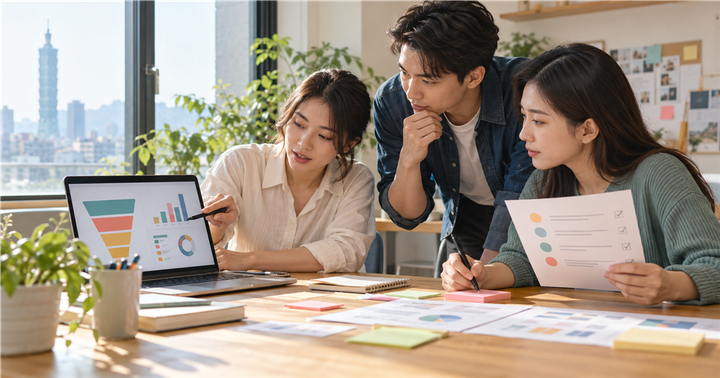 三位台灣小型企業行銷人員在木桌前查看無品牌漏斗圖與名單檢查表