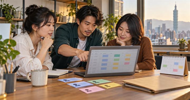 三位台灣小企業成員在辦公桌旁檢視試算表、客戶卡片與後續聯繫日期