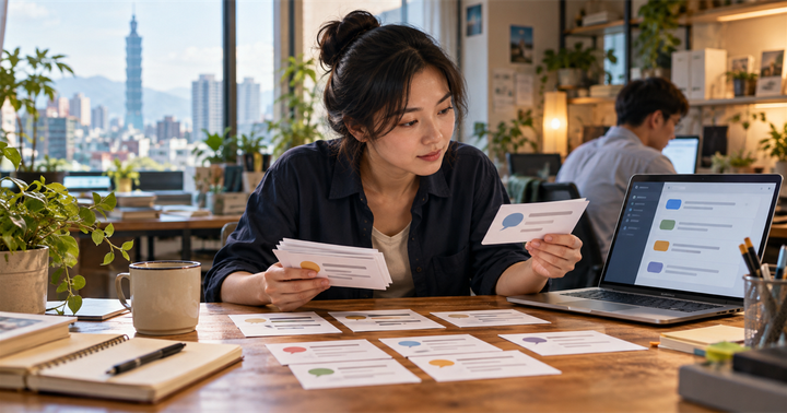 台灣小型企業客服主管在木桌前審閱 FAQ 卡片與筆電上的回覆分類