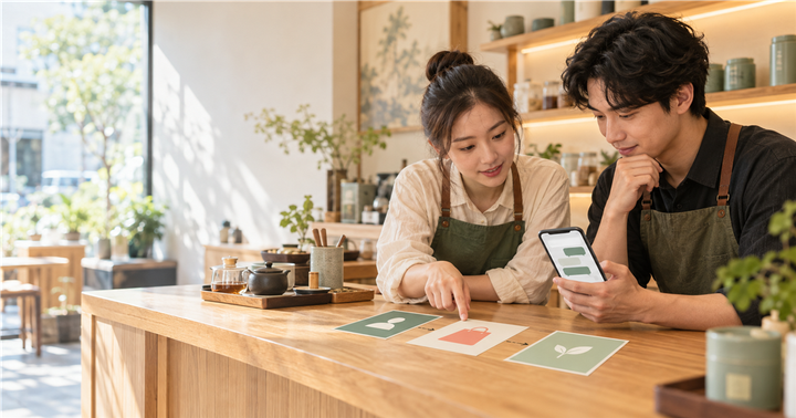 兩位台灣茶店店員在木質櫃台前查看手機訊息與三張顧客旅程圖卡