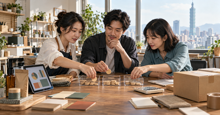 三位台灣中小企業團隊成員在台北工作室桌前，把無字木製代幣分進三個透明盒，旁邊有計算機、商品樣品與出貨紙箱。