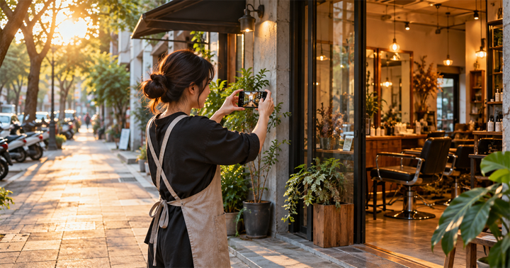 台灣街區店家負責人在夕陽下用手機拍攝真實的店面入口與室內空間