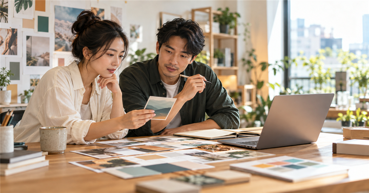 兩位台灣小企業行銷人員在桌前比較無文字的素材概念卡與筆記