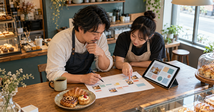 台灣烘焙咖啡店兩位店員在櫃檯前核對每週活動日曆與平板上的宣傳素材