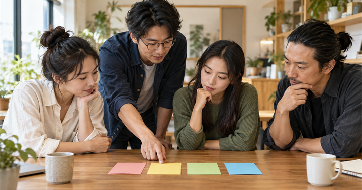 四位台灣小型企業同事在木桌前檢視四張無文字的彩色客戶追蹤卡
